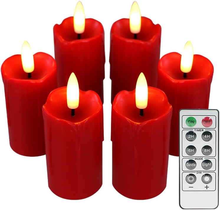 QIDEA Flameless LED Red Votive Candles with Timer Drips Battery Operated Flickering Decorative Candle Lights for Xmas Christmas Wedding Party Decor, 3.5”x1.5”, 6-Pack - Image 1